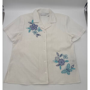 ALFRED DUNNER Button Down Shirt Size 12 White with Blue Embroidery